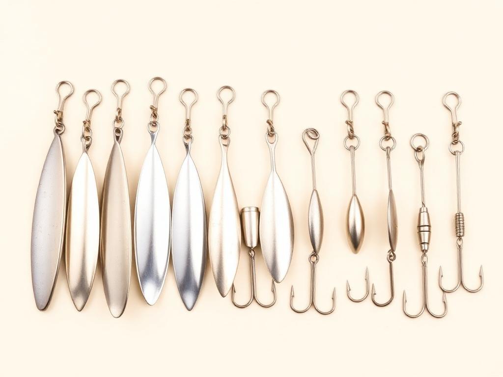 Chrome jigging spoons and metal casting jigs laid out in a row