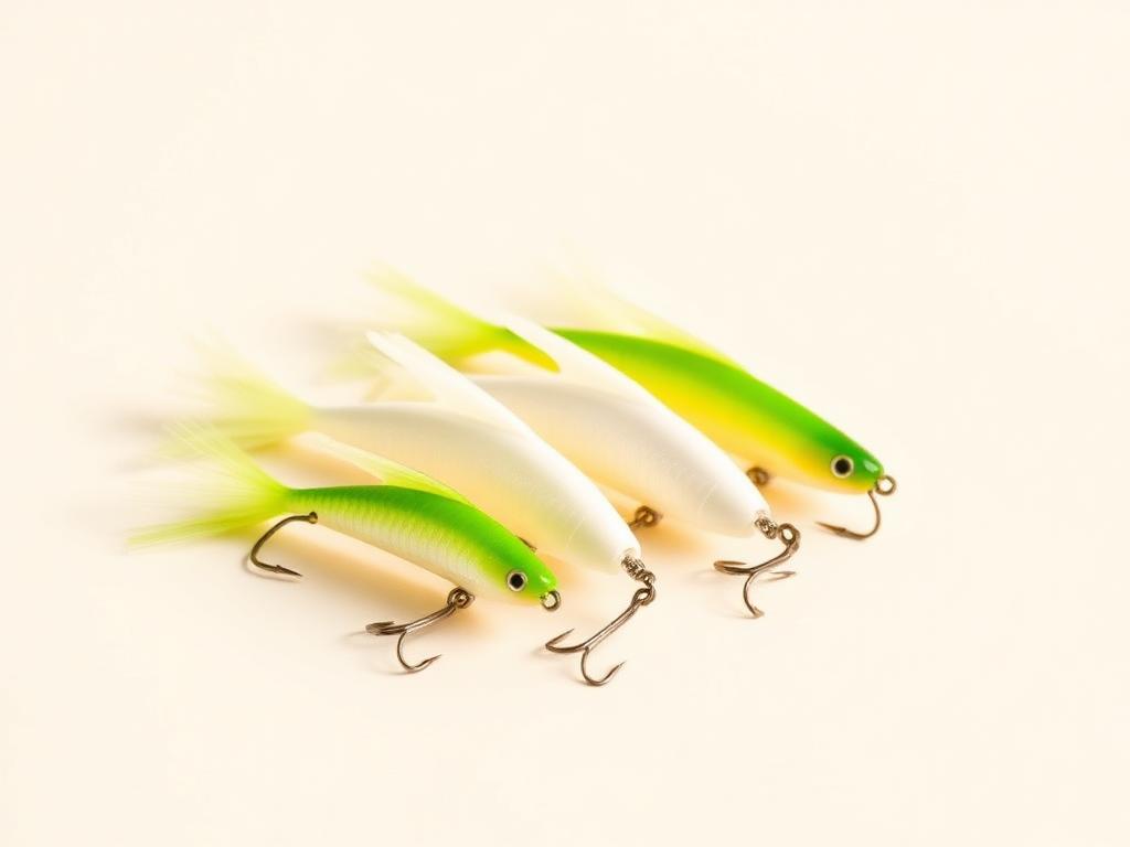 Pearl and chartreuse paddletail swimbaits rigged on lead jig heads